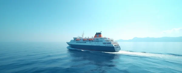 Fähre, die majestätisch auf das blaue Mittelmeer vor Korsika fährt unter strahlend blauem Himmel