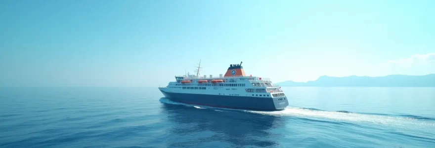 Fähre, die majestätisch auf das blaue Mittelmeer vor Korsika fährt unter strahlend blauem Himmel